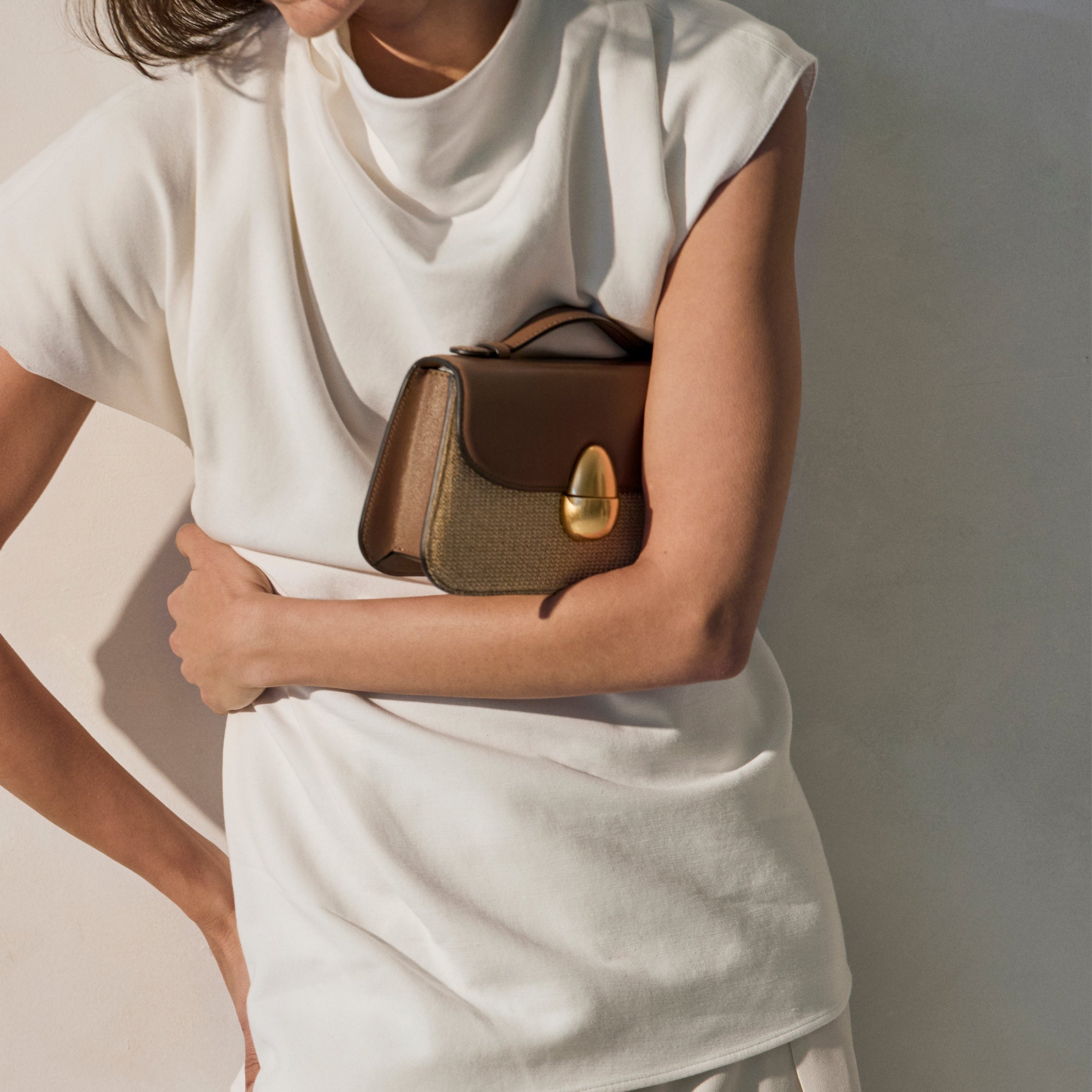 Nobu Tanaka① Phoenix 1.0 Raffia & Leather Crossbody Bag in Dark Taupe | Neous
